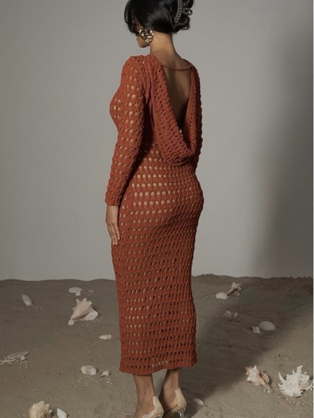 NWT JLUXLABEL Serene Wonders Terra Cotta Crochet Midi Dress Draped Back JLUX Sm